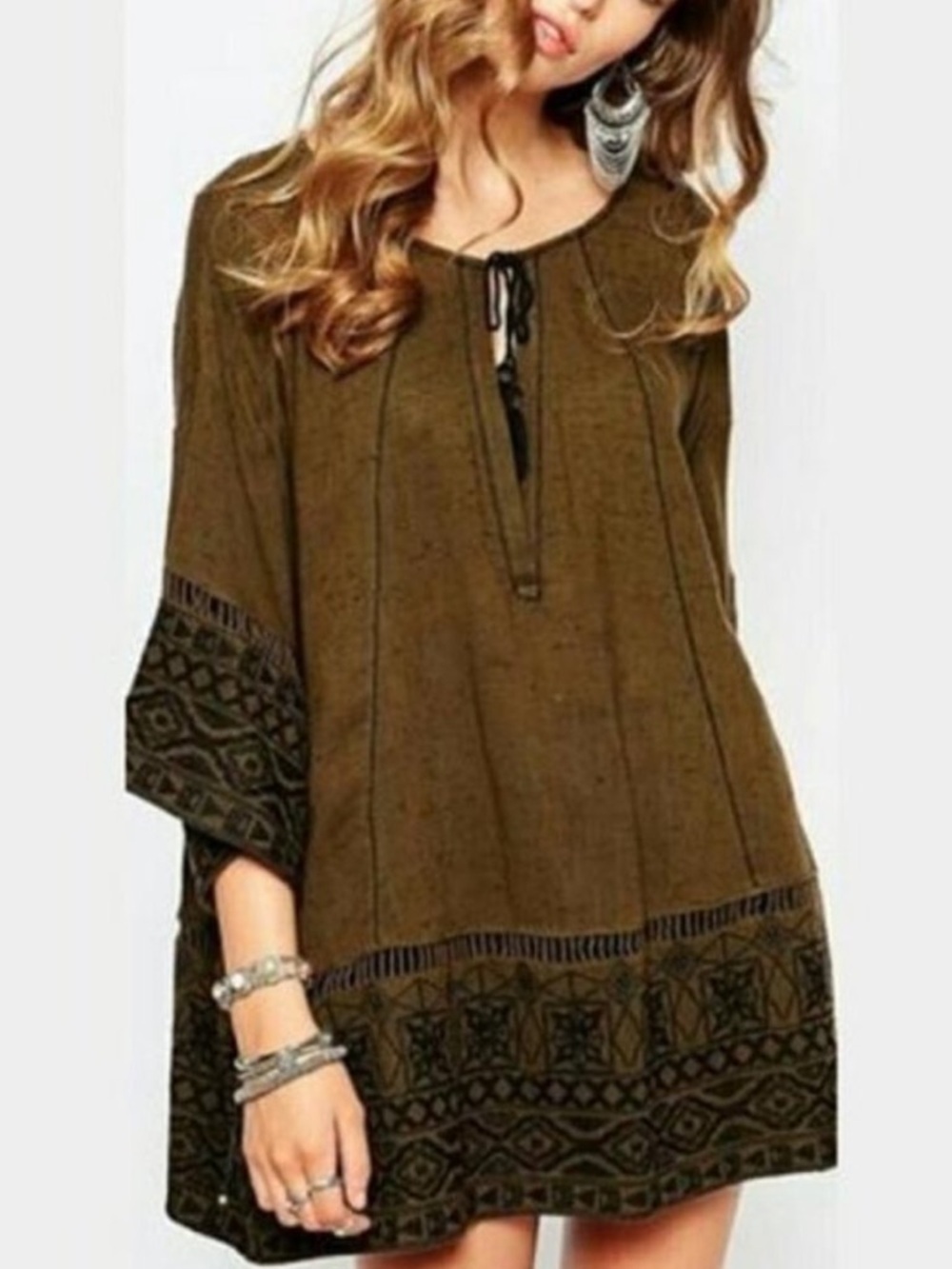 Free People Noyal Counting Stars Green Black Embroidered Bell Sleeve Tunic XS